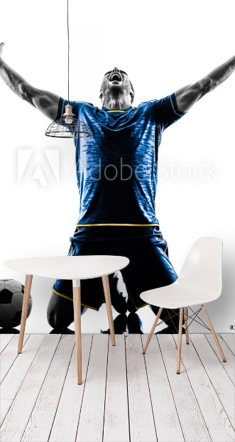 Picture of One caucasian soccer player man happy celebration  in silhouette isolated on white background